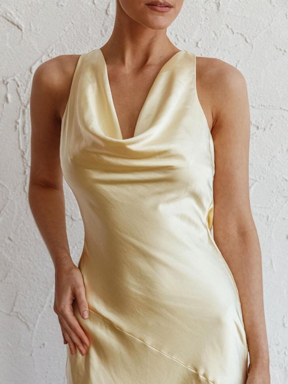 Women's Yellow Summer Satin Backless Cowl Neck Elegant Polyester Maxi Dress - Picture 3 of 5